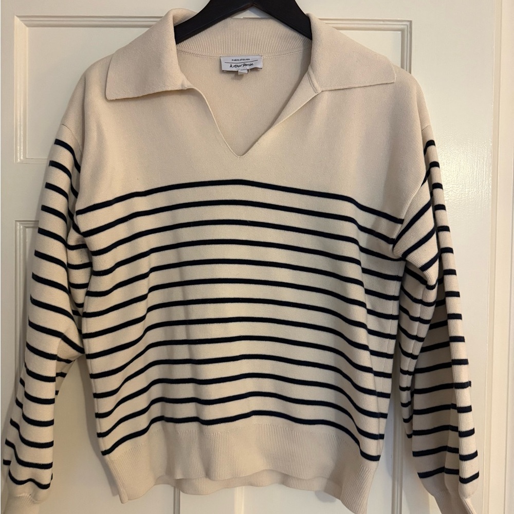 & Other Stories V-Neck Cream and Navy Striped Sweater